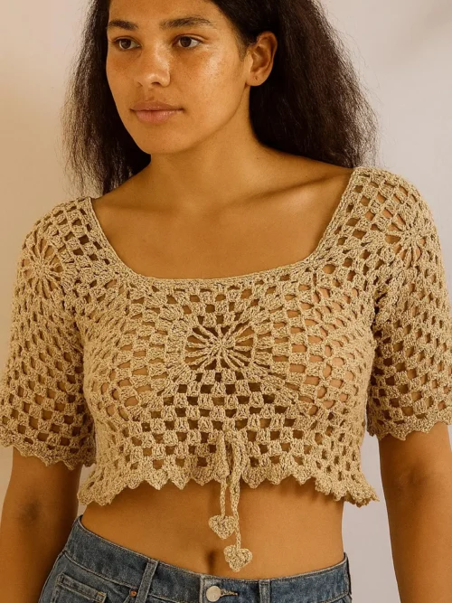 El Örgüsü Bej Kısa Kollu Crop