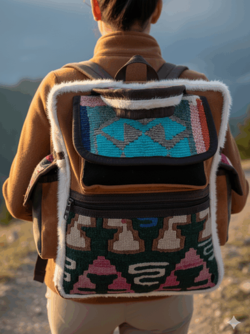 El Dokuma Yün ve Nubuk Deri Sırt Çantası – Kilim Desenli, Astarlı, Kapaklı Yan Cepli