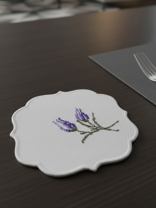 2'li Kaneviçe İşlemeli Sunum Peçetesi (15×15 cm) – Doğal Lif İğne İpli, El Yapımı Çiçek Desenli