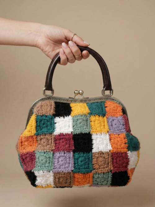 El Yapımı Motifli Burslu El Çantası  | Astar Kaplamalı Vintage Stil | %100 Koton İp | 25x22x13 cm