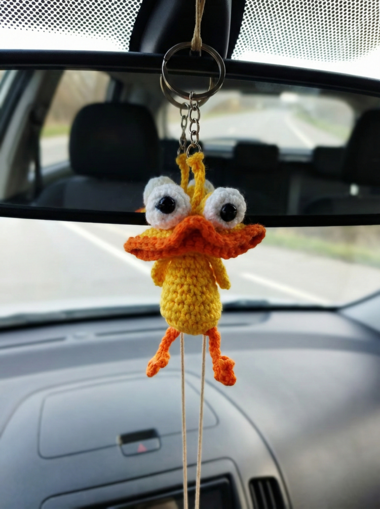 El Yapımı Amigurumi Ördek Anahtarlık | Koton İp ile Örülmüş Sevimli Araba Dikiz Aynası Süsü | 8 cm