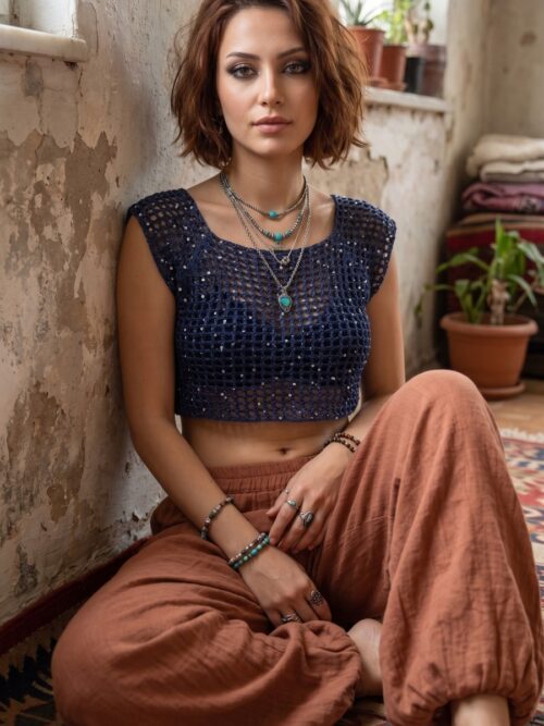 El Örgüsü Pullu Crop Bluz – Organik Koton İp Hafif ve Nefes Alabilen Tasarım