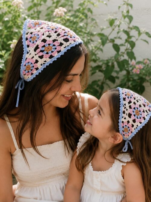 Anne Kız El Örgüsü Çiçek Motifli Bandana Seti – 2’li Takım
