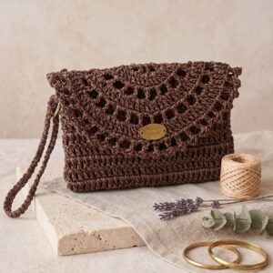 çanta5koyukahve Hasır El Çantası 16x22 cm | Çelik Kapamalı El Yapımı Örgü Clutch Çanta