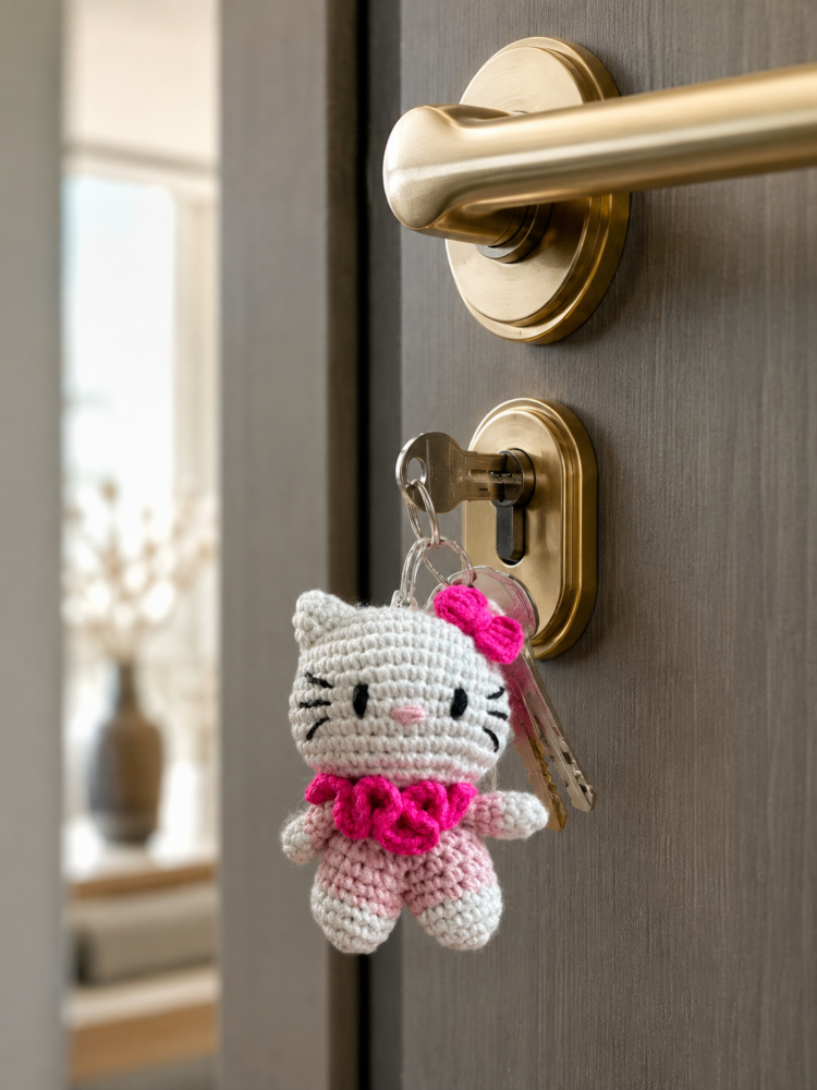 nahtar1 El Yapımı Amigurumi Kedi Anahtarlık – Pembe Detaylı Örgü Çanta Süsü