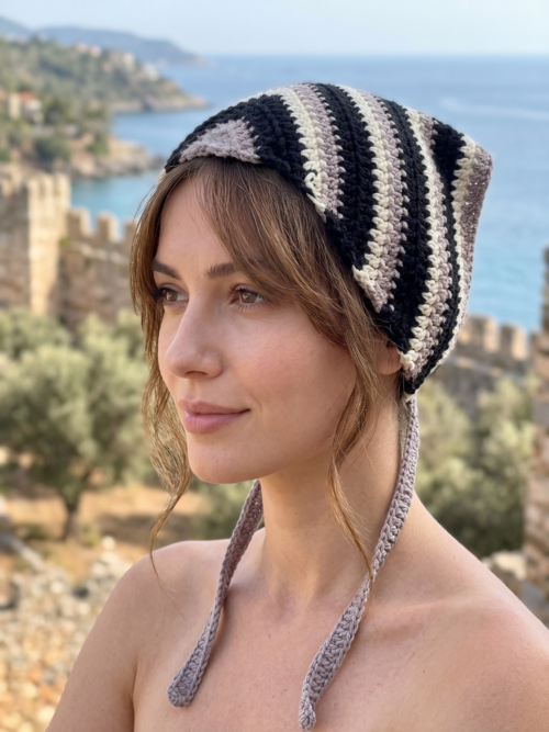 bandana Çizgili Pamuk Koton Örgü Bağlamalı Kadın Bandana