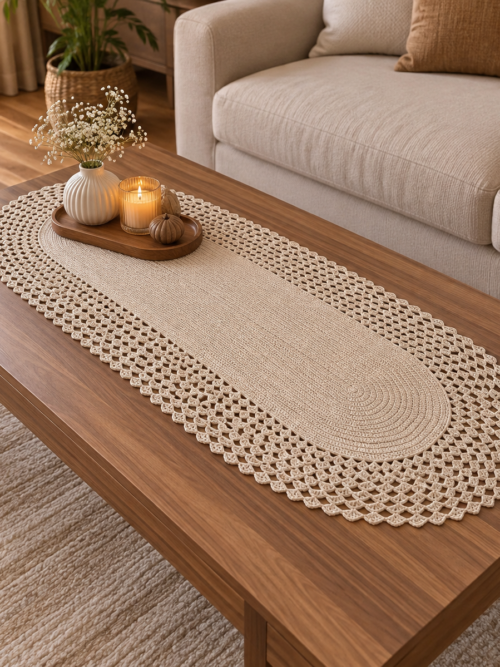 masadlfjkj Örgü Detaylı Runner Masa ve Sehpa Örtüsü, Dekoratif Krem Runner 135x54 cm, Salon ve Orta Sehpa Örtüsü