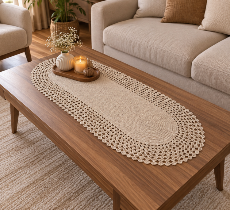 masadlfjkj Örgü Detaylı Runner Masa ve Sehpa Örtüsü, Dekoratif Krem Runner 135x54 cm, Salon ve Orta Sehpa Örtüsü