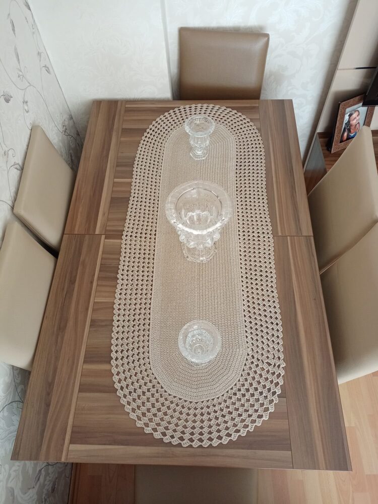 masalfkjf Örgü Detaylı Runner Masa ve Sehpa Örtüsü, Dekoratif Krem Runner 135x54 cm, Salon ve Orta Sehpa Örtüsü