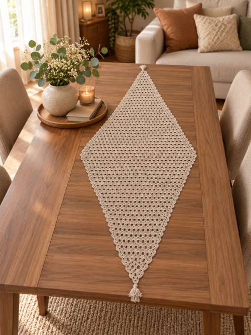 massadfldsk El Örgüsü Runner Masa Örtüsü, Püsküllü Dekoratif Dantel Runner 135x60 cm