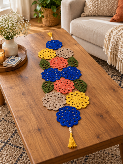 örtüüs %100 Pamuk Renkli Motifli Runner Masa ve Sehpa Örtüsü, Püsküllü Dekoratif Koton Runner 30x90 cm