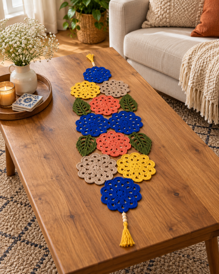 örtüüs %100 Pamuk Renkli Motifli Runner Masa ve Sehpa Örtüsü, Püsküllü Dekoratif Koton Runner 30x90 cm